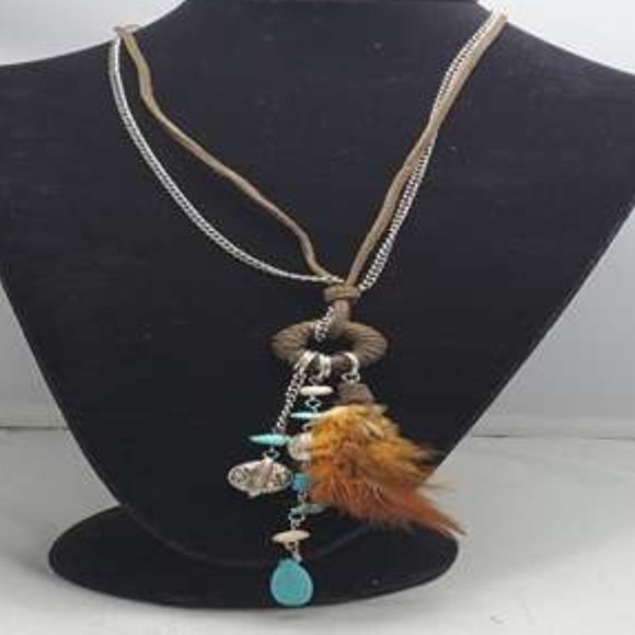 RUFF HEWN southwest feather silver/cord pendant necklace - Picture 3 of 8